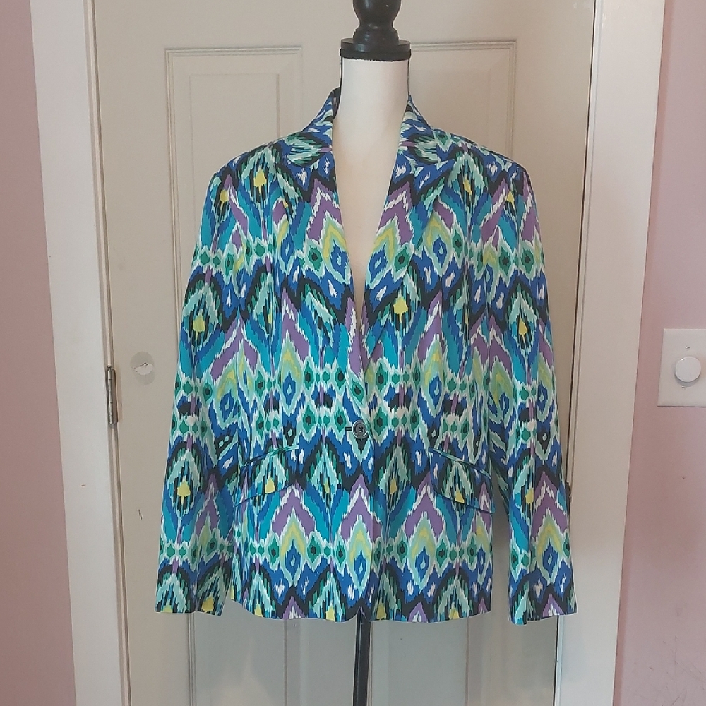 Jones New York Vibrant Multicolor Ikat Print One Button Career Blazer Jacket 18W